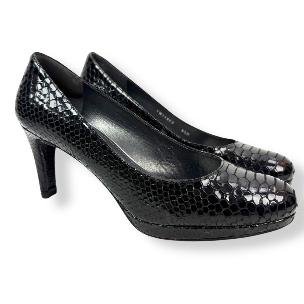 STUART WEITZMAN shiny black snakeskin leather platform heels